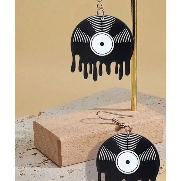 Fashion Vinyl Record Drop Earrings Gold Tone Y2K - Picture 2 of 3
